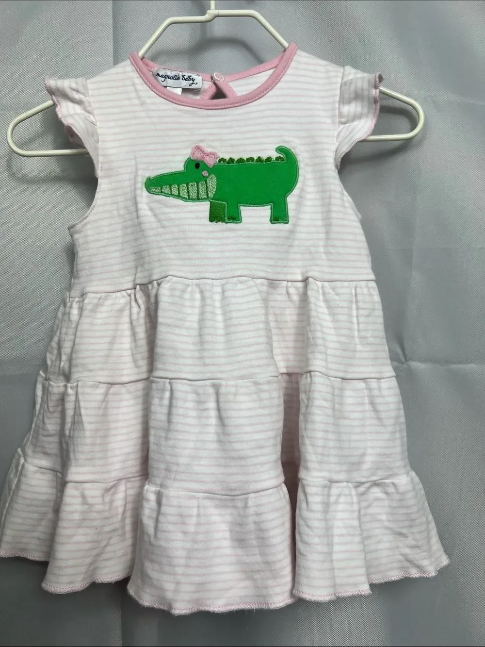 Magnolia Baby pink & white stripe  tiered dress with alligator appliqué 12 Mon